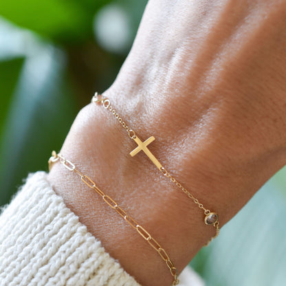 Cross & Petite 2 Birthstone Bracelet in 14k Gold
