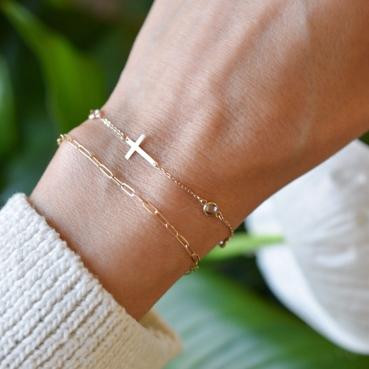 Cross & Petite 4 Birthstone Bracelet in 14k Gold