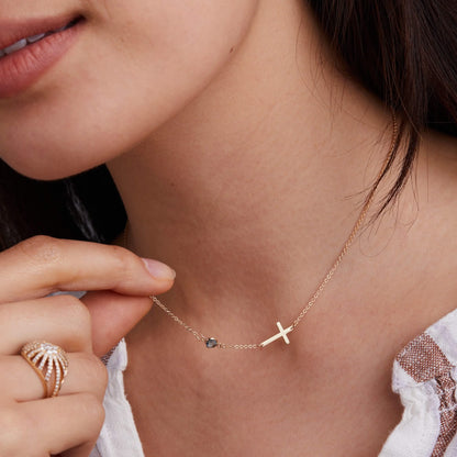 Cross & Petite 1 Birthstone Necklace in 14k Gold