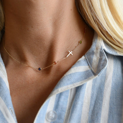 Cross & Petite 3 Birthstone Necklace in 14k Gold