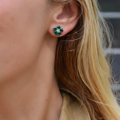 Greenwich Flower Emerald & Diamond Earrings in 14k Gold (May)
