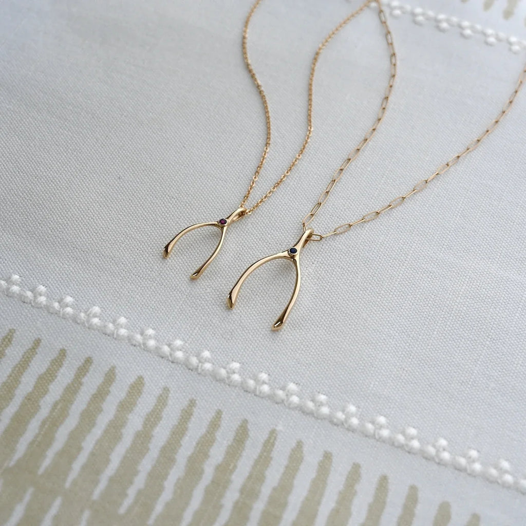 Small Wishbone Birthstone Pendant in 14K Gold