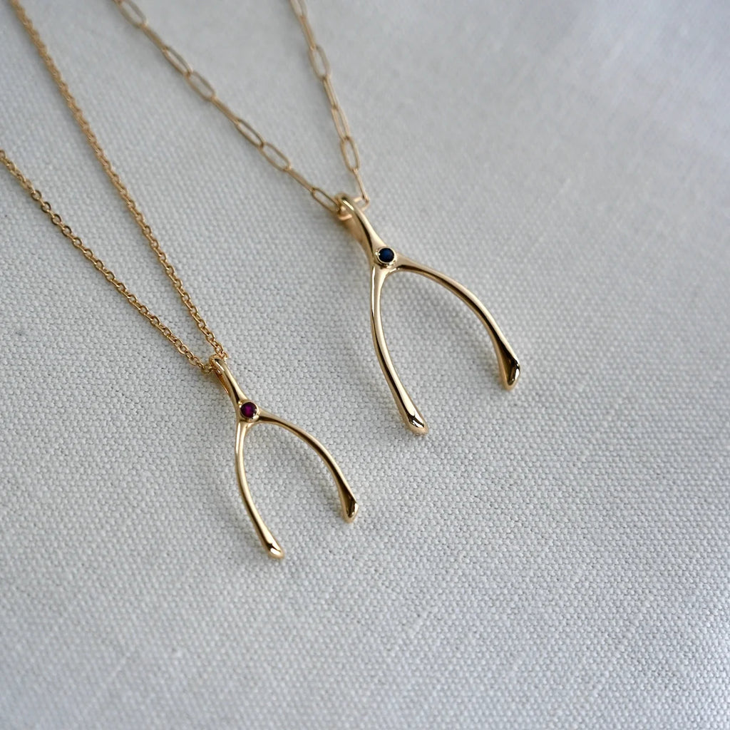 Large Wishbone Birthstone Pendant in 14K Gold