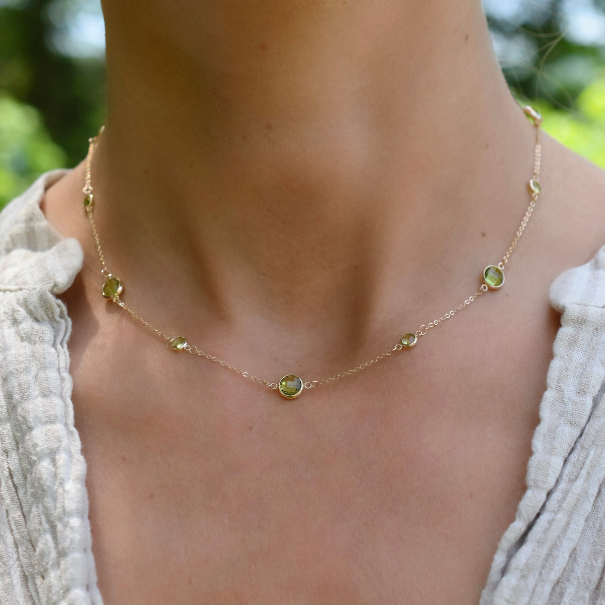 Bayberry Grand & Petite 11 Peridot Necklace in 14k Gold (August)