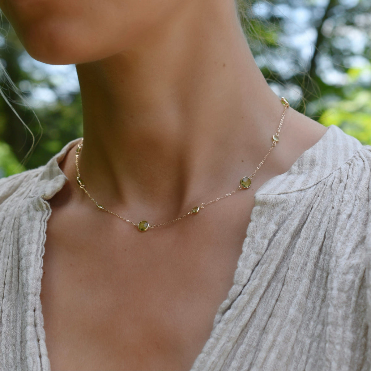 Bayberry Grand & Petite 11 Peridot Necklace in 14k Gold (August)