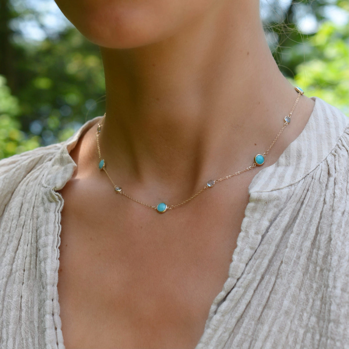 Bayberry Grand & Petite 11 Turquoise & Nantucket Blue Topaz Necklace in 14k Gold (December)