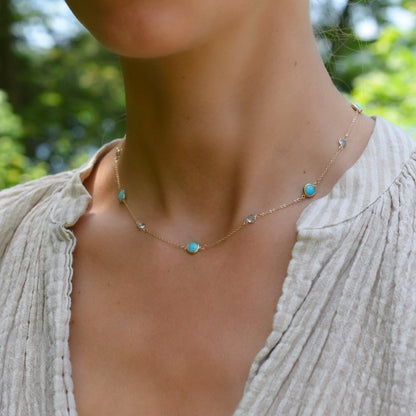 Bayberry Grand & Petite 11 Turquoise & Nantucket Blue Topaz Necklace in 14k Gold (December)