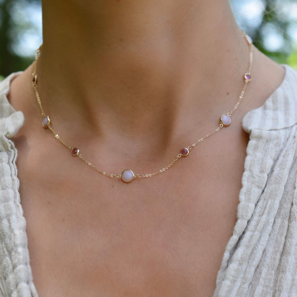 Bayberry Grand & Petite 11 Pink Opal & Pink Sapphire Necklace in 14k Gold (October)