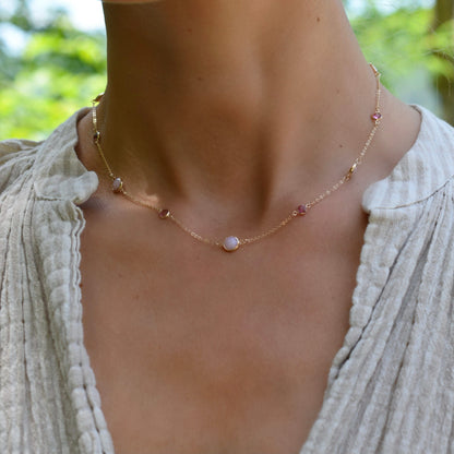 Bayberry Grand & Petite 11 Pink Opal & Pink Sapphire Necklace in 14k Gold (October)