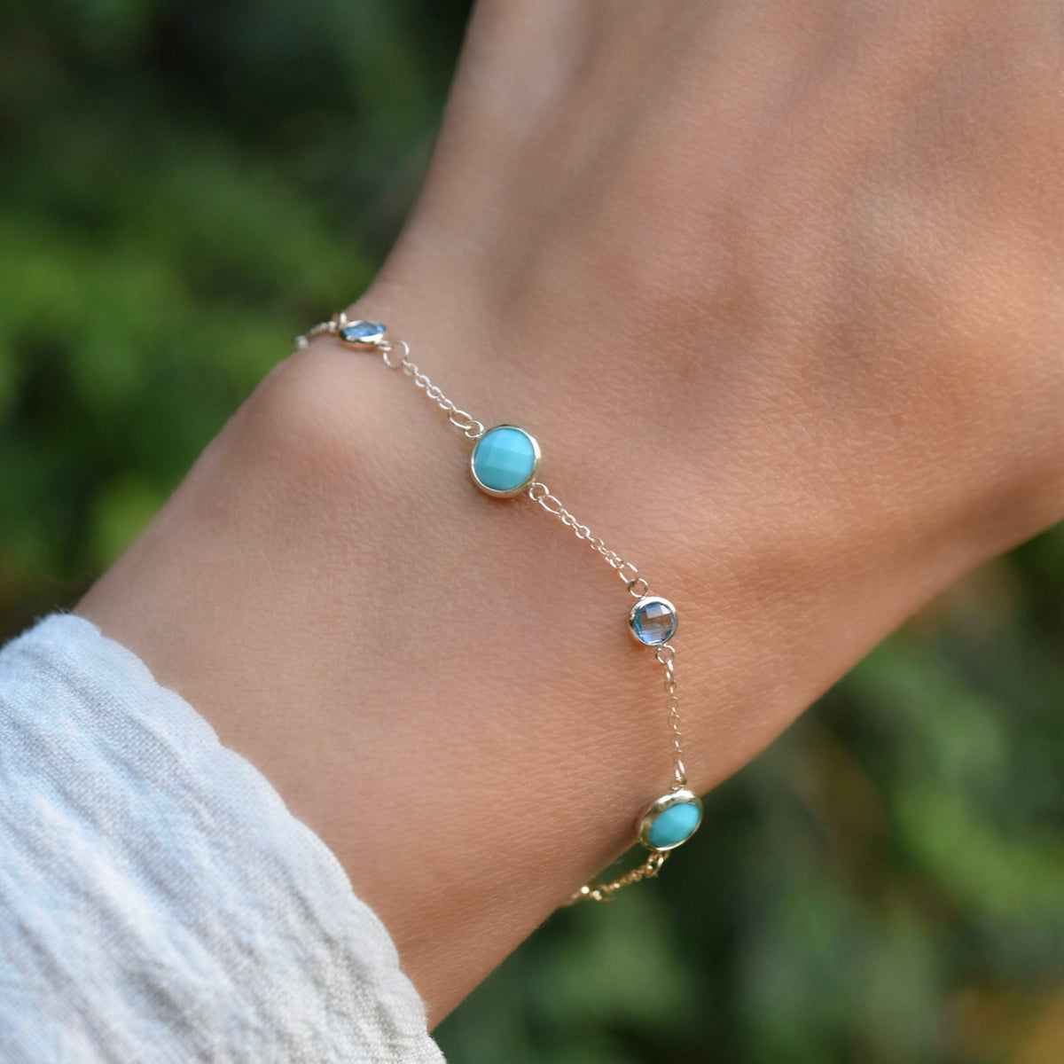 Bayberry Grand & Petite 7 Turquoise & Nantucket Blue Topaz Bracelet in 14k Gold (December)