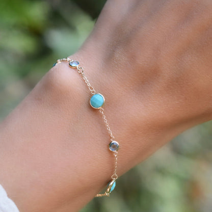 Bayberry Grand & Petite 7 Turquoise & Nantucket Blue Topaz Bracelet in 14k Gold (December)