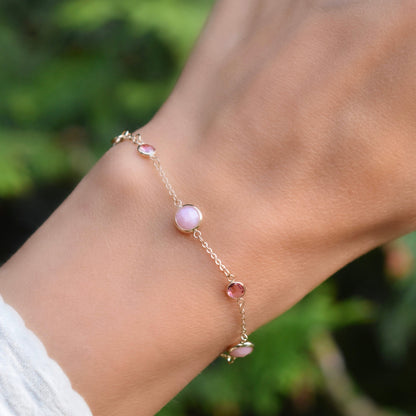 Bayberry Grand & Petite 7 Pink Opal & Pink Sapphire Bracelet in 14k Gold (October)