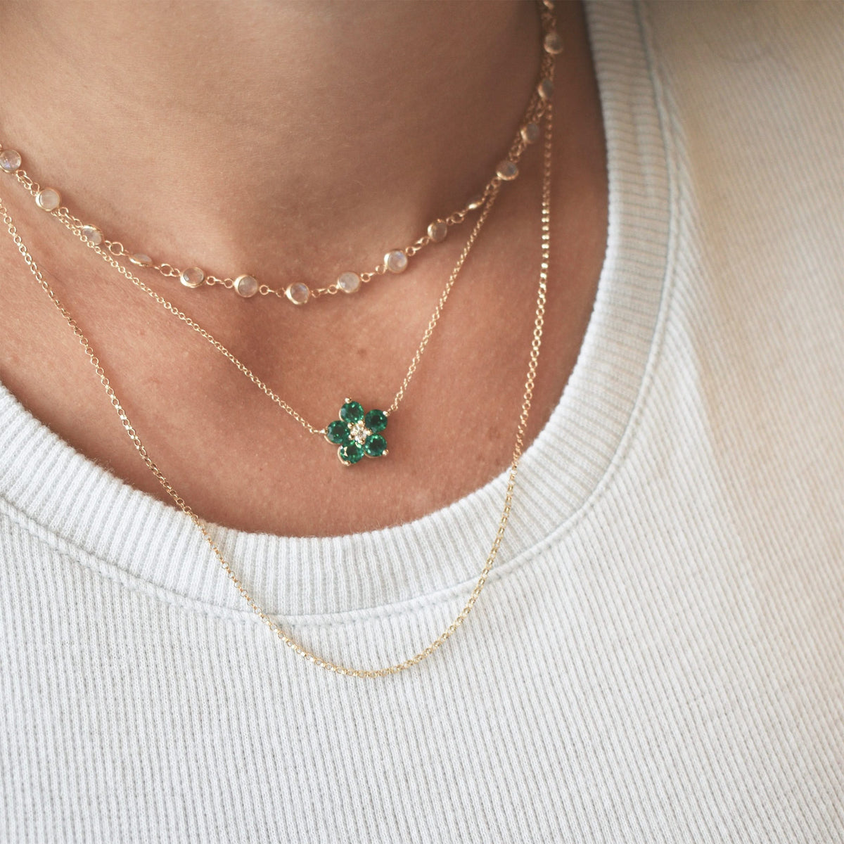 Greenwich Flower Emerald & Diamond Necklace in 14k Gold (May)