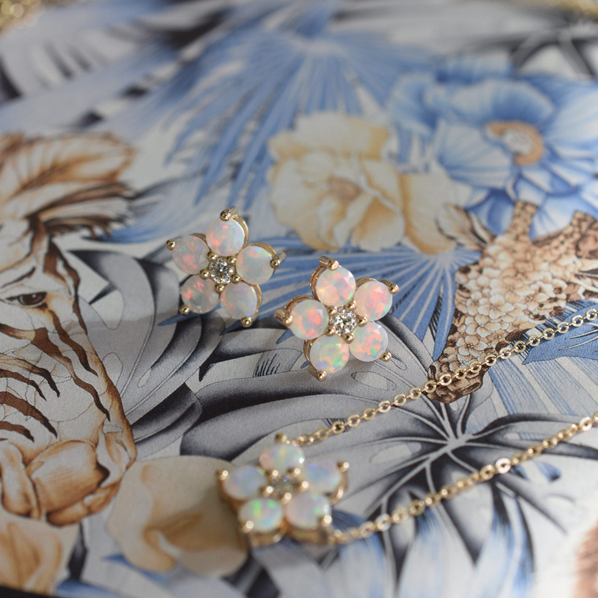Greenwich Flower Opal & Diamond Earrings in 14k Gold (October)