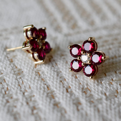 Greenwich Flower Birthstone & Diamond Earrings in 14k Gold