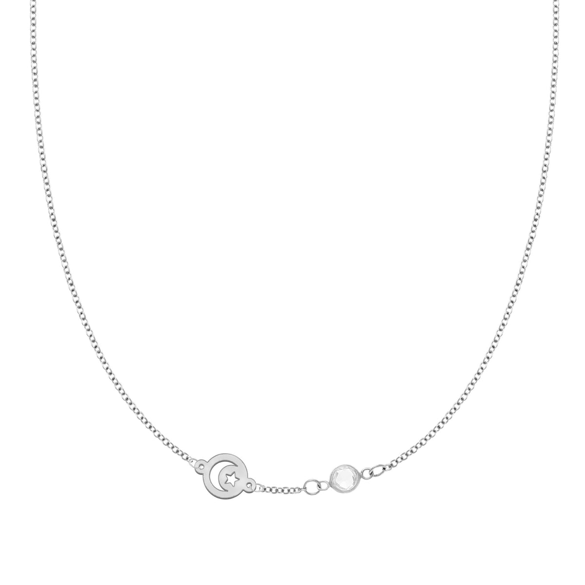 Crescent & Star Disc & Petite 1 Birthstone Necklace in 14k Gold