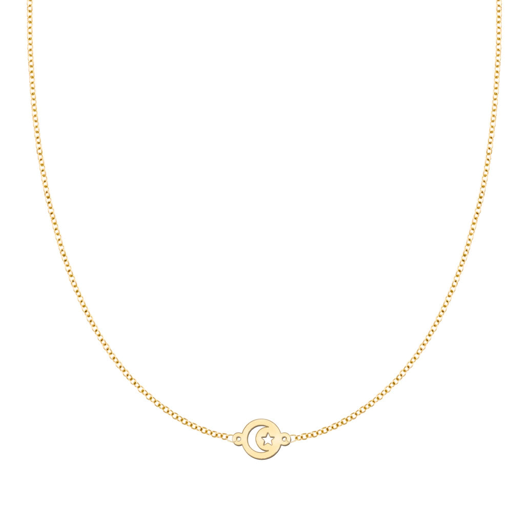 Crescent & Star Disc Necklace in 14k Gold