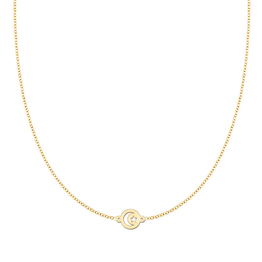 Crescent & Star Disc Necklace in 14k Gold