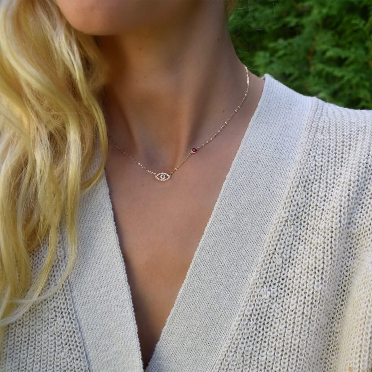 Diamond Evil Eye & Ruby Necklace in 14k Gold (July)