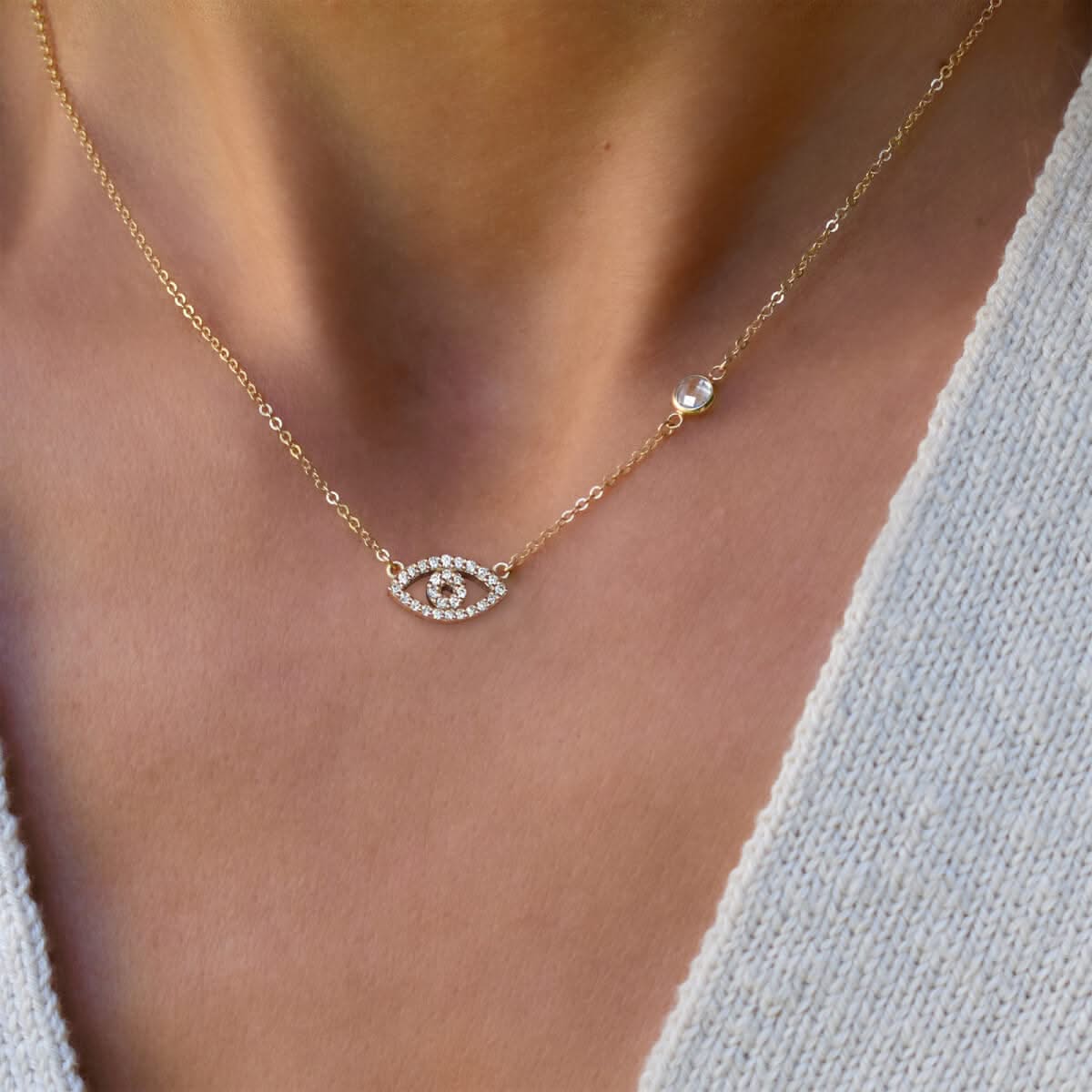 Diamond Evil Eye & Birthstone Necklace in 14k Gold