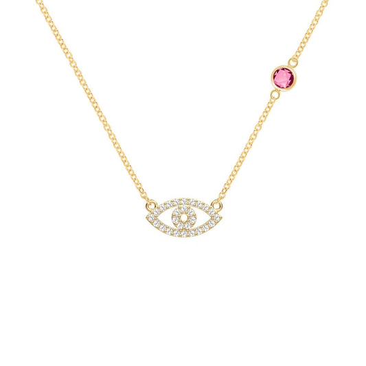 Diamond Evil Eye & Pink Sapphire Necklace in 14k Gold (October)