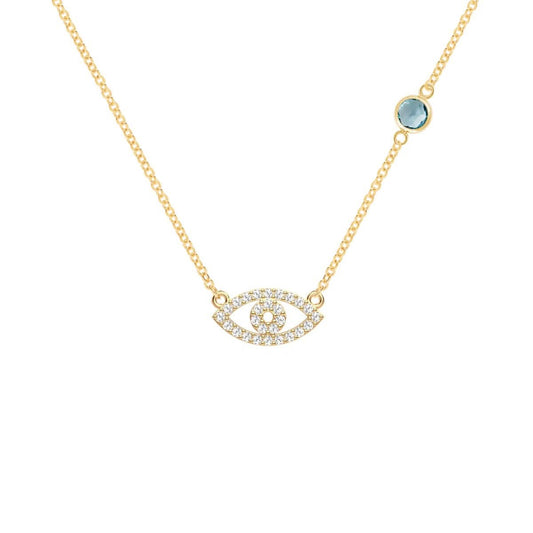 Diamond Evil Eye & Nantucket Blue Topaz Necklace in 14k Gold (December)