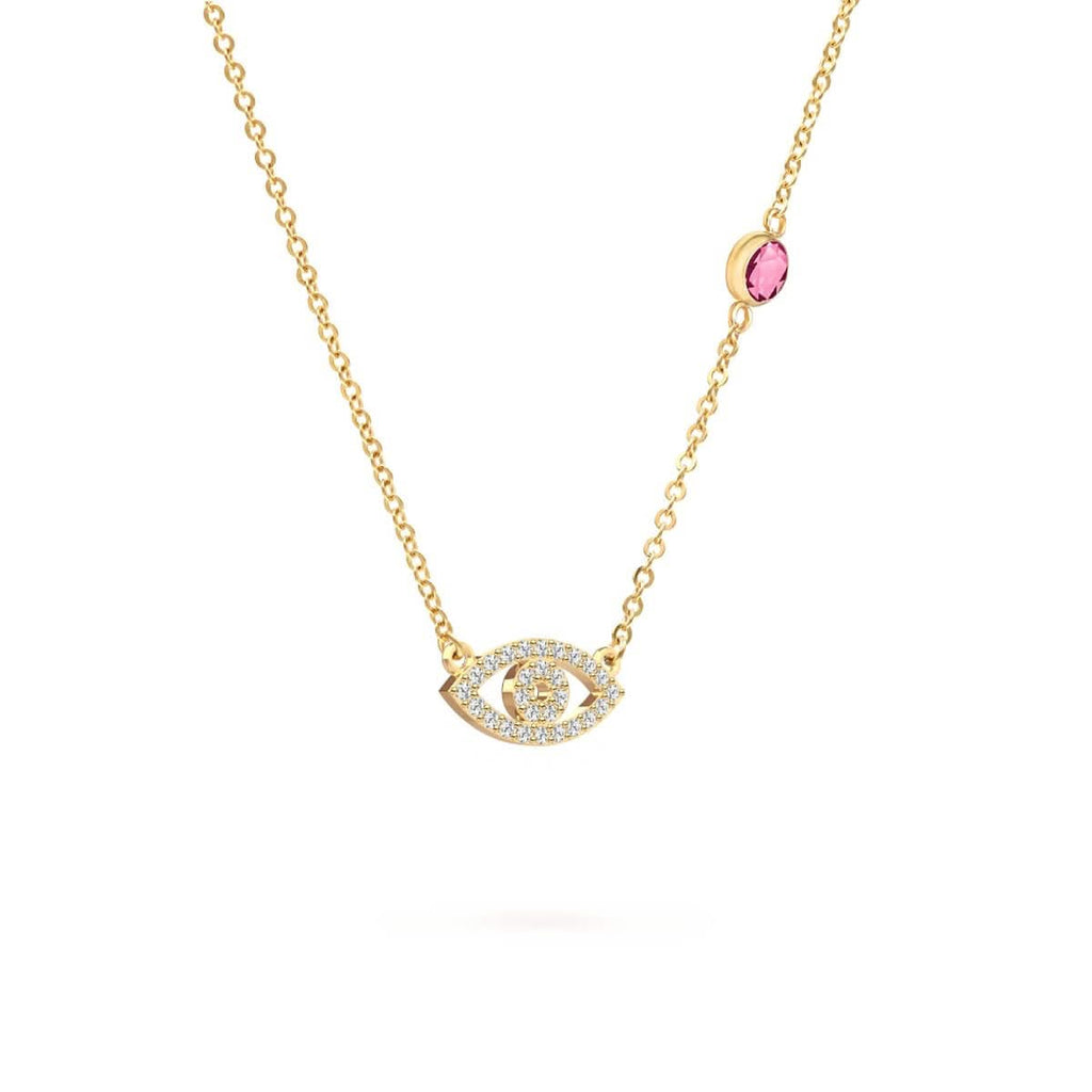 Diamond Evil Eye & Pink Sapphire Necklace in 14k Gold (October)