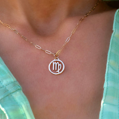 Flat Virgo Pendant with Adelaide Mini Chain in 14k Gold