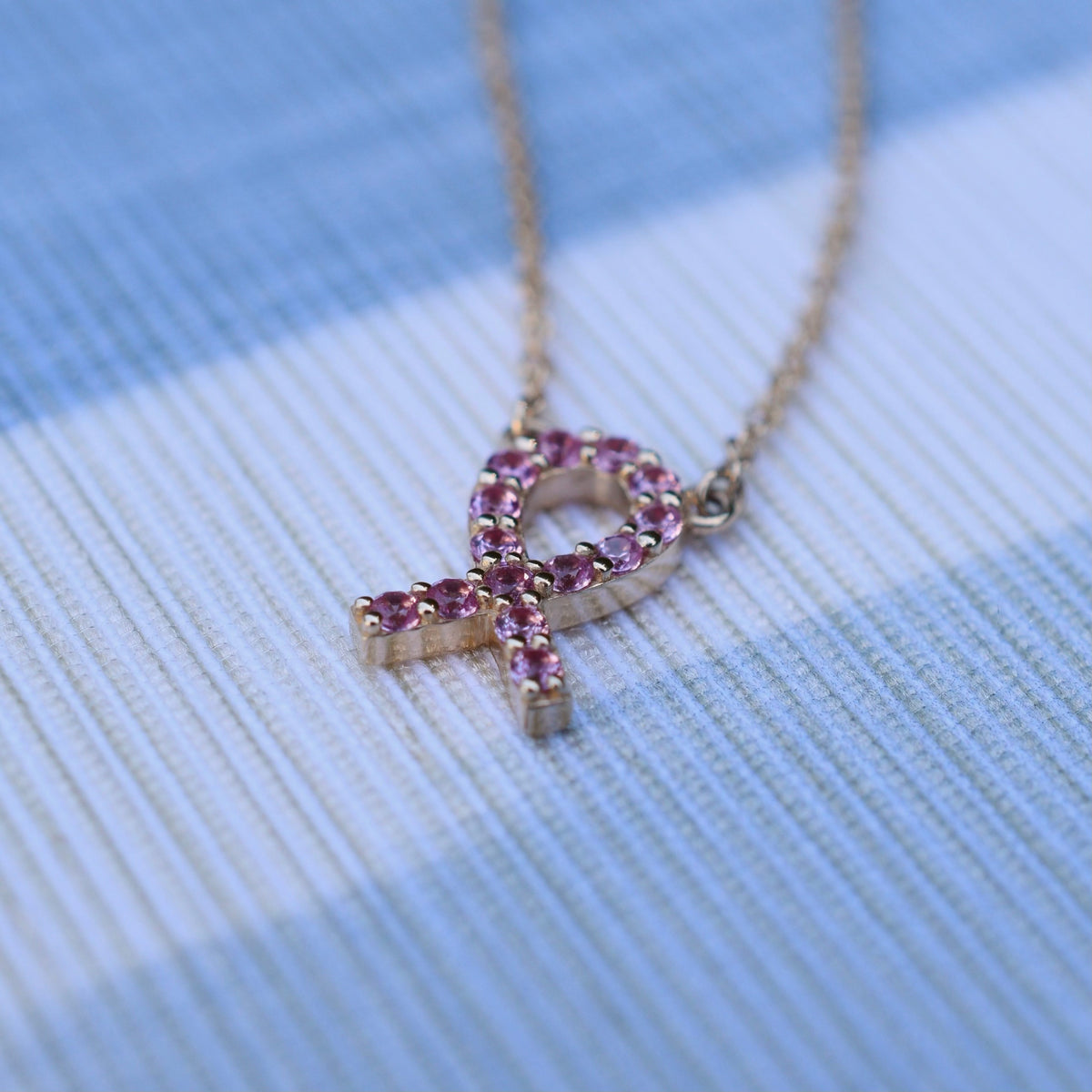 Pink Awareness Pave Ribbon Necklace in 14k Gold