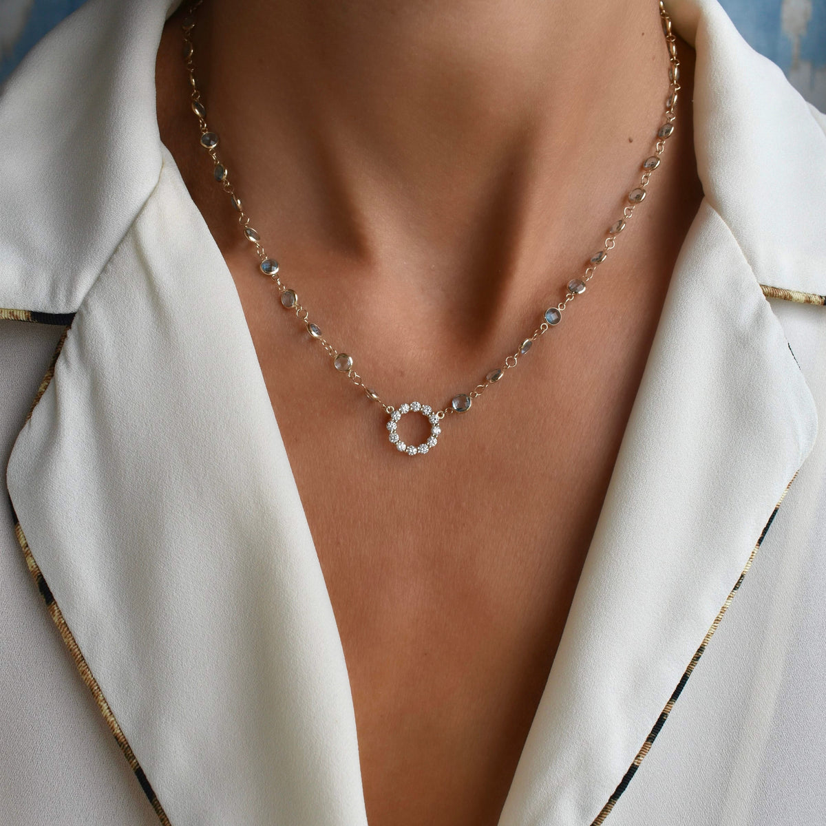 Rosecliff Diamond Small Circle & Newport Nantucket Blue Topaz Necklace in 14k Gold (December)
