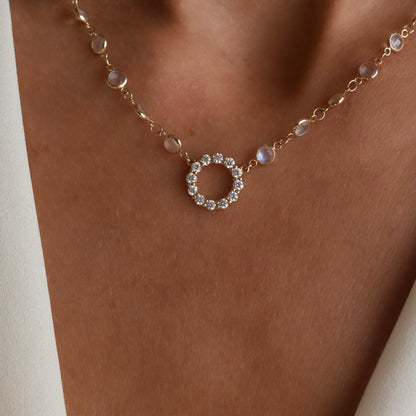 Rosecliff Diamond Small Circle & Newport Moonstone Necklace in 14k Gold (June)