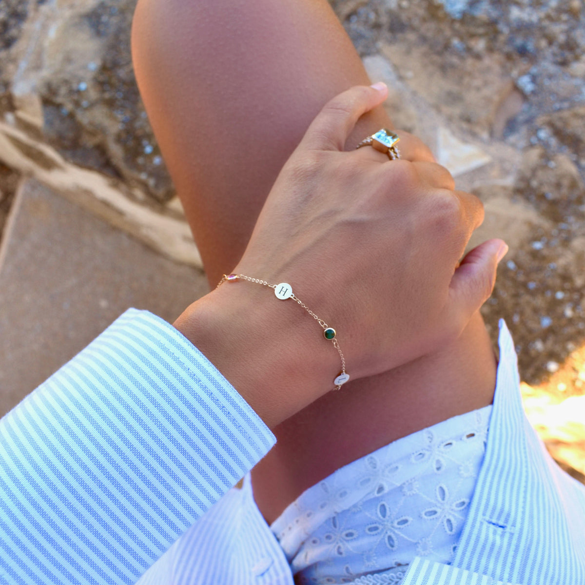 4 Letter & 4 Petite Birthstone Bracelet in 14k Gold