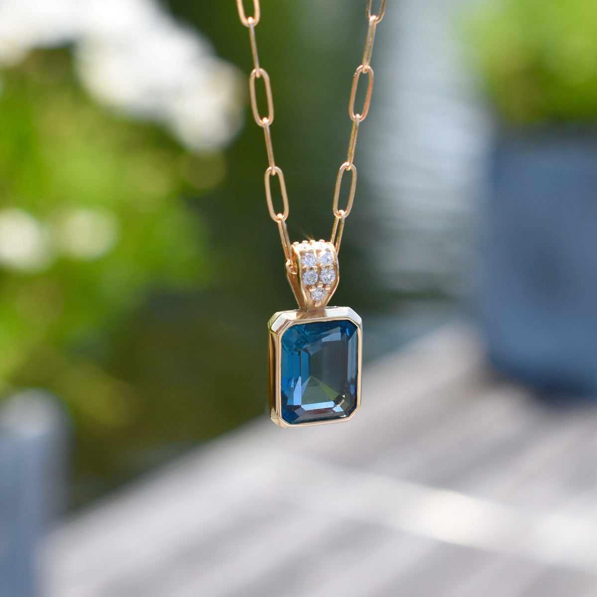 Warren Atlantic Blue Topaz Pendant with Diamond Bail in 14k Gold (December)