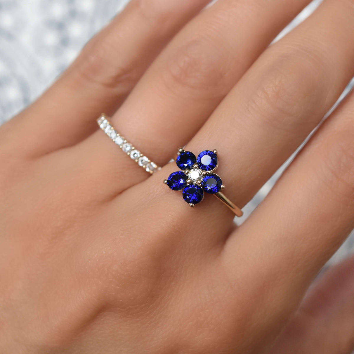 Greenwich Flower Sapphire & Diamond Ring in 14k Gold (September)