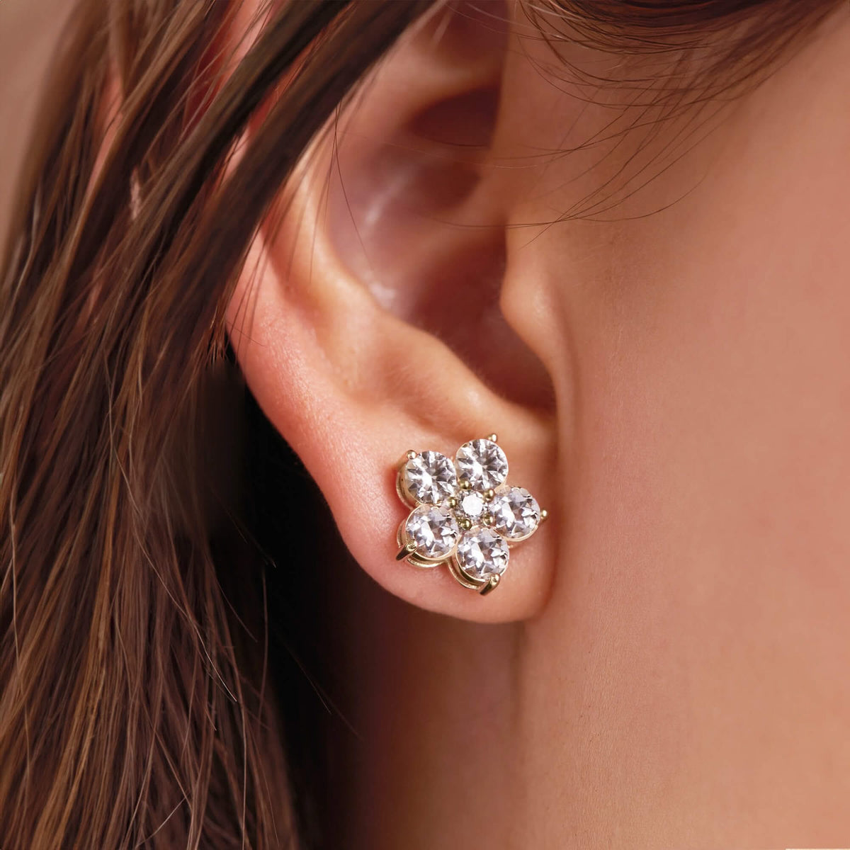 Greenwich Flower White Topaz & Diamond Earrings in 14k Gold (April)