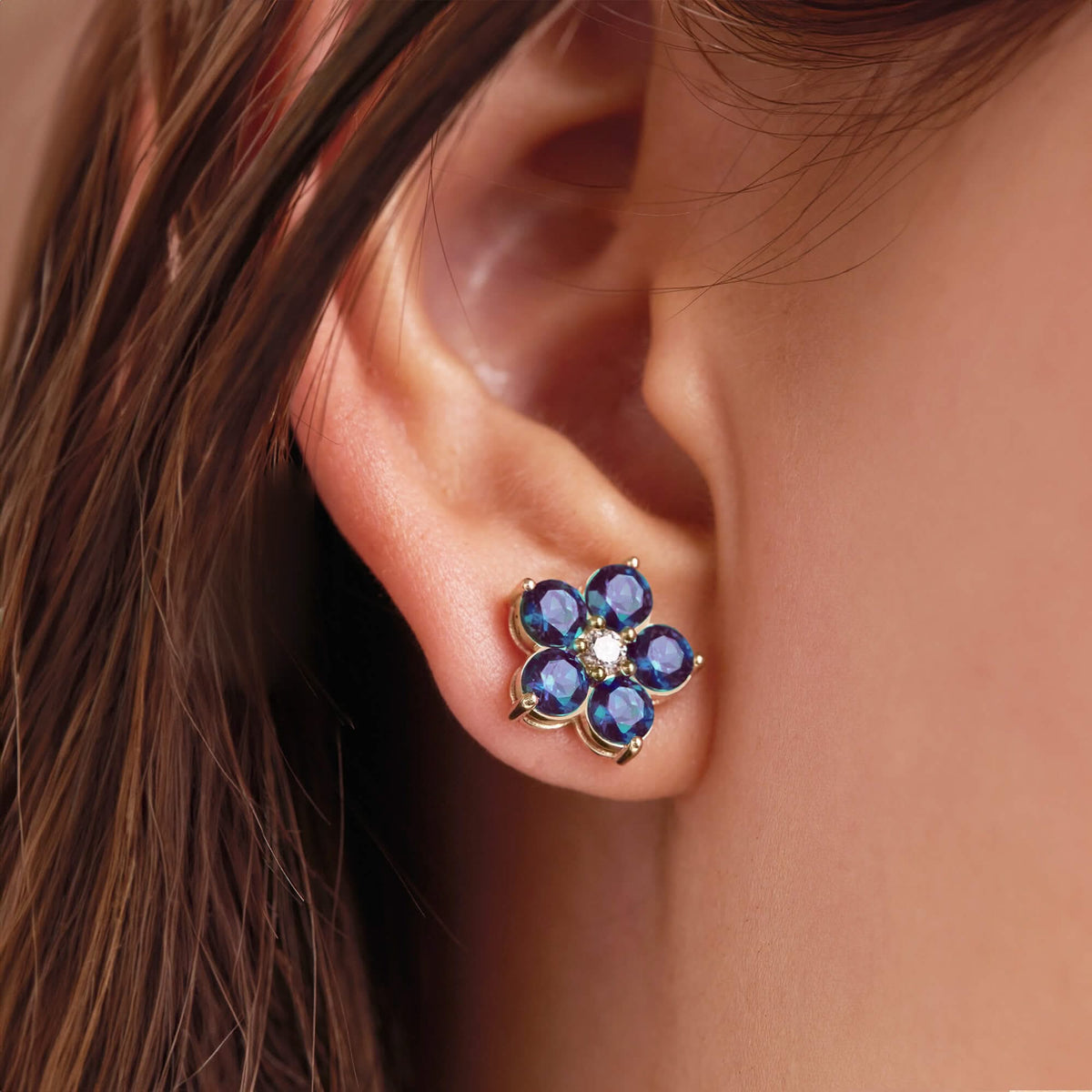 Greenwich Flower Alexandrite & Diamond Necklace and Earrings Set in 14k Gold (June)