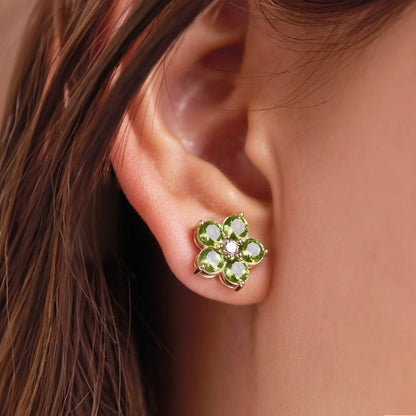 Greenwich Flower Peridot & Diamond Necklace and Earrings Set in 14k Gold (August)
