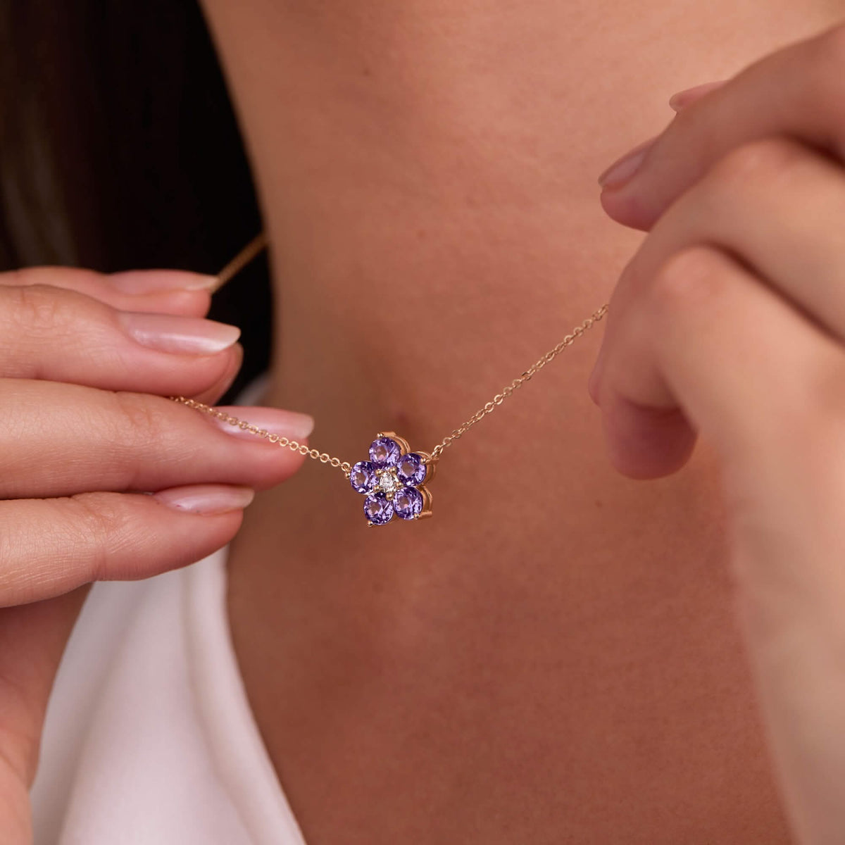 Greenwich Flower Amethyst & Diamond Necklace and Earrings Set in 14k Gold (February)