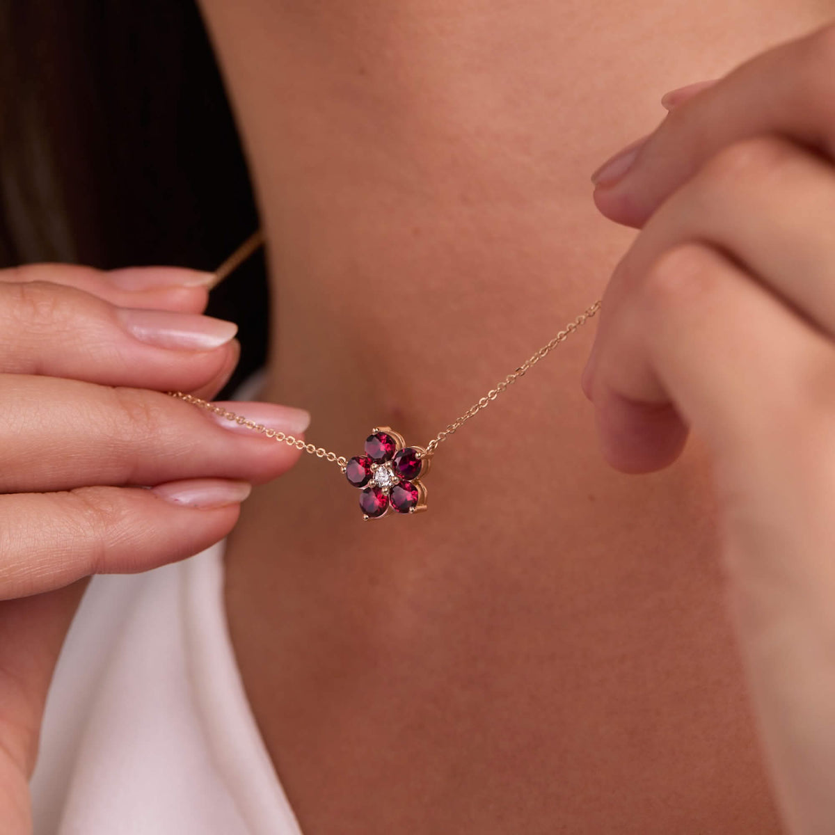 Greenwich Flower Ruby & Diamond Necklace in 14k Gold (July)