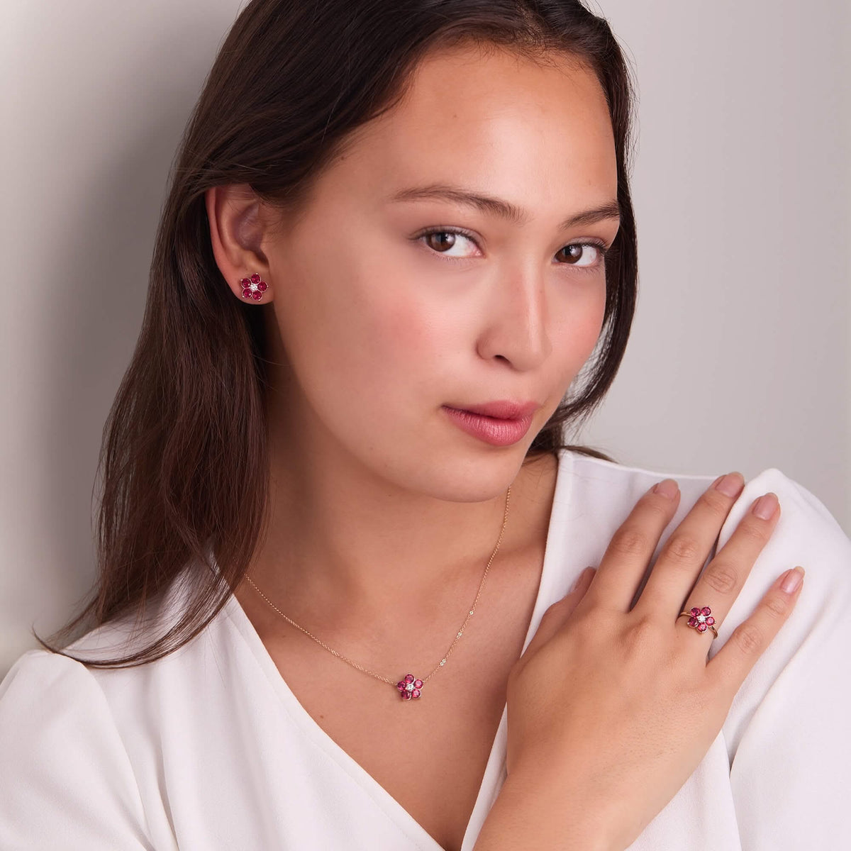 Greenwich Flower Ruby & Diamond Necklace in 14k Gold (July)