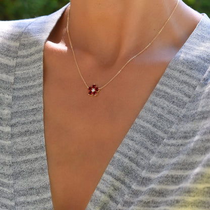 Greenwich Flower Garnet & Diamond Necklace and Earrings Set in 14k Gold (January)