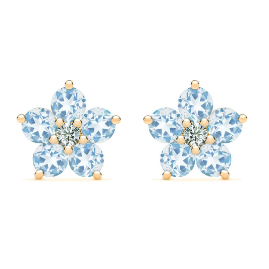 Greenwich Flower Aquamarine & Diamond Earrings in 14k Gold (March)