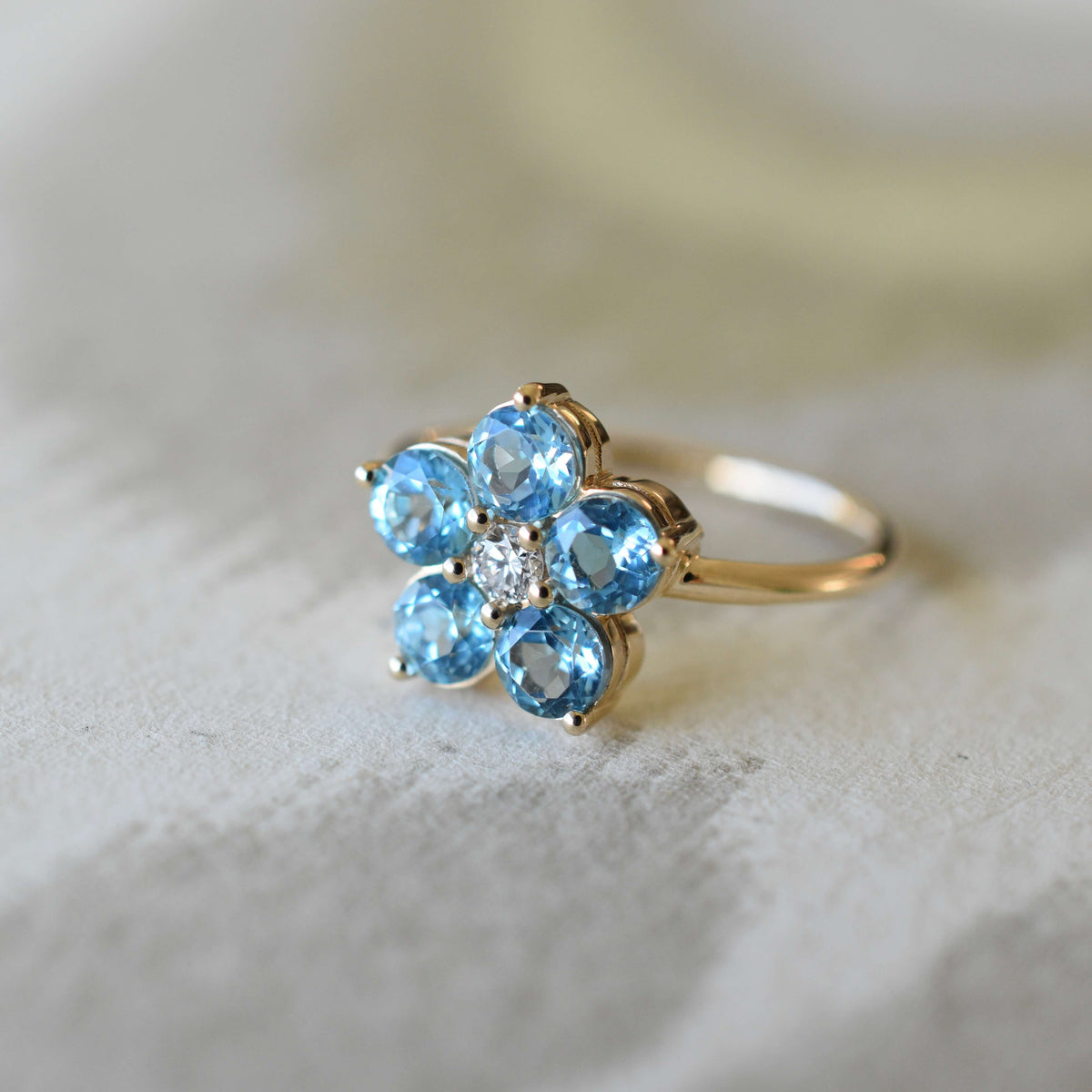 Greenwich Flower Nantucket Blue Topaz & Diamond Ring in 14k Gold (December)