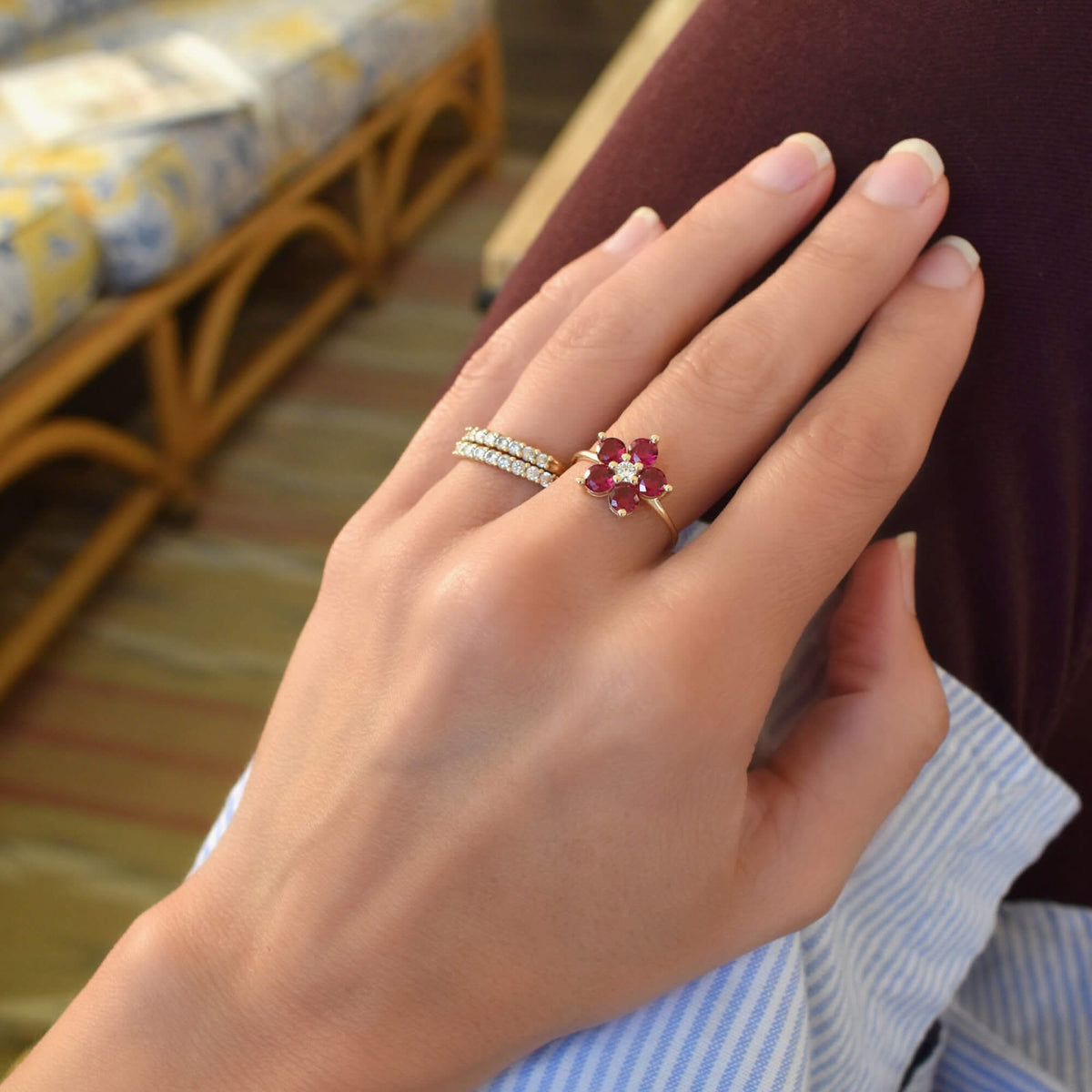 Greenwich Flower Ruby & Diamond Ring in 14k Gold (July)