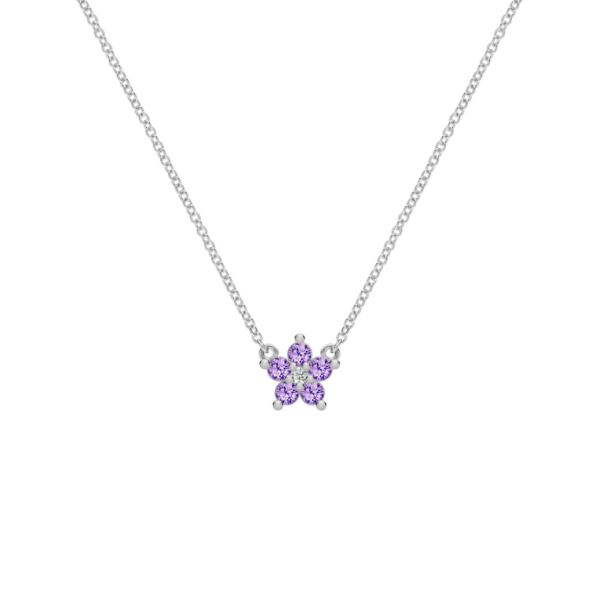 Greenwich Mini Flower Amethyst & Diamond Necklace in 14k Gold (February)