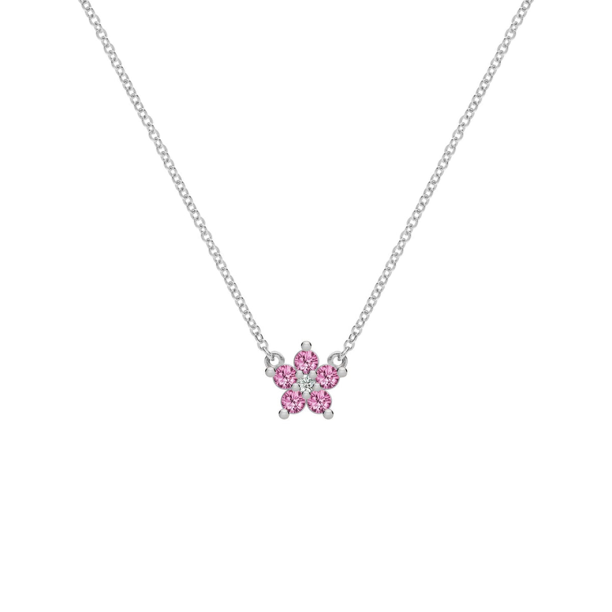 Greenwich Mini Flower Pink Sapphire & Diamond Necklace in 14k Gold (October)
