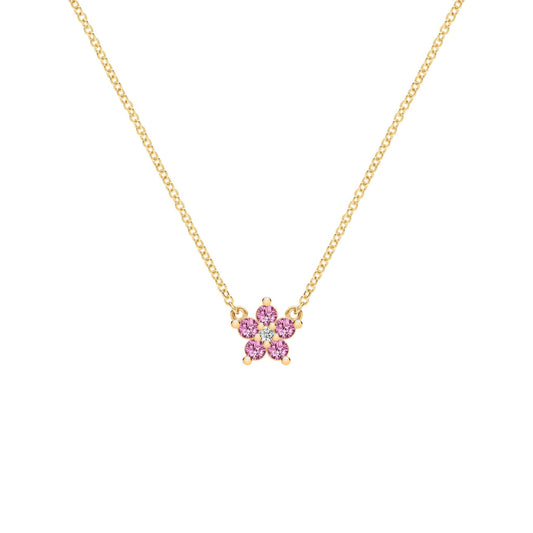 Greenwich Mini Flower Pink Sapphire & Diamond Necklace in 14k Gold (October)