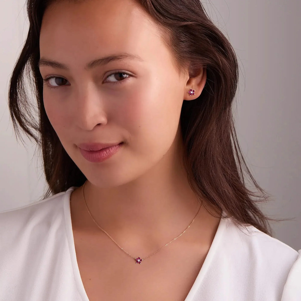 Greenwich Mini Flower Ruby & Diamond Earrings in 14k Gold (July)
