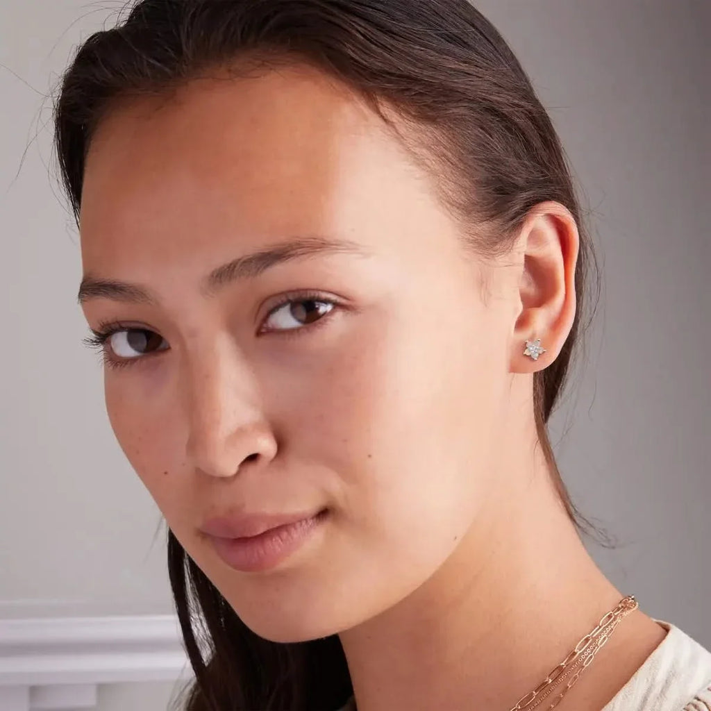 Greenwich Mini Flower Opal & Diamond Earrings in 14k Gold (October)