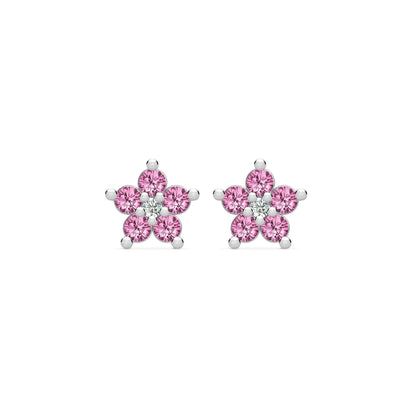 Greenwich Mini Flower Pink Sapphire & Diamond Earrings in 14k Gold (October)